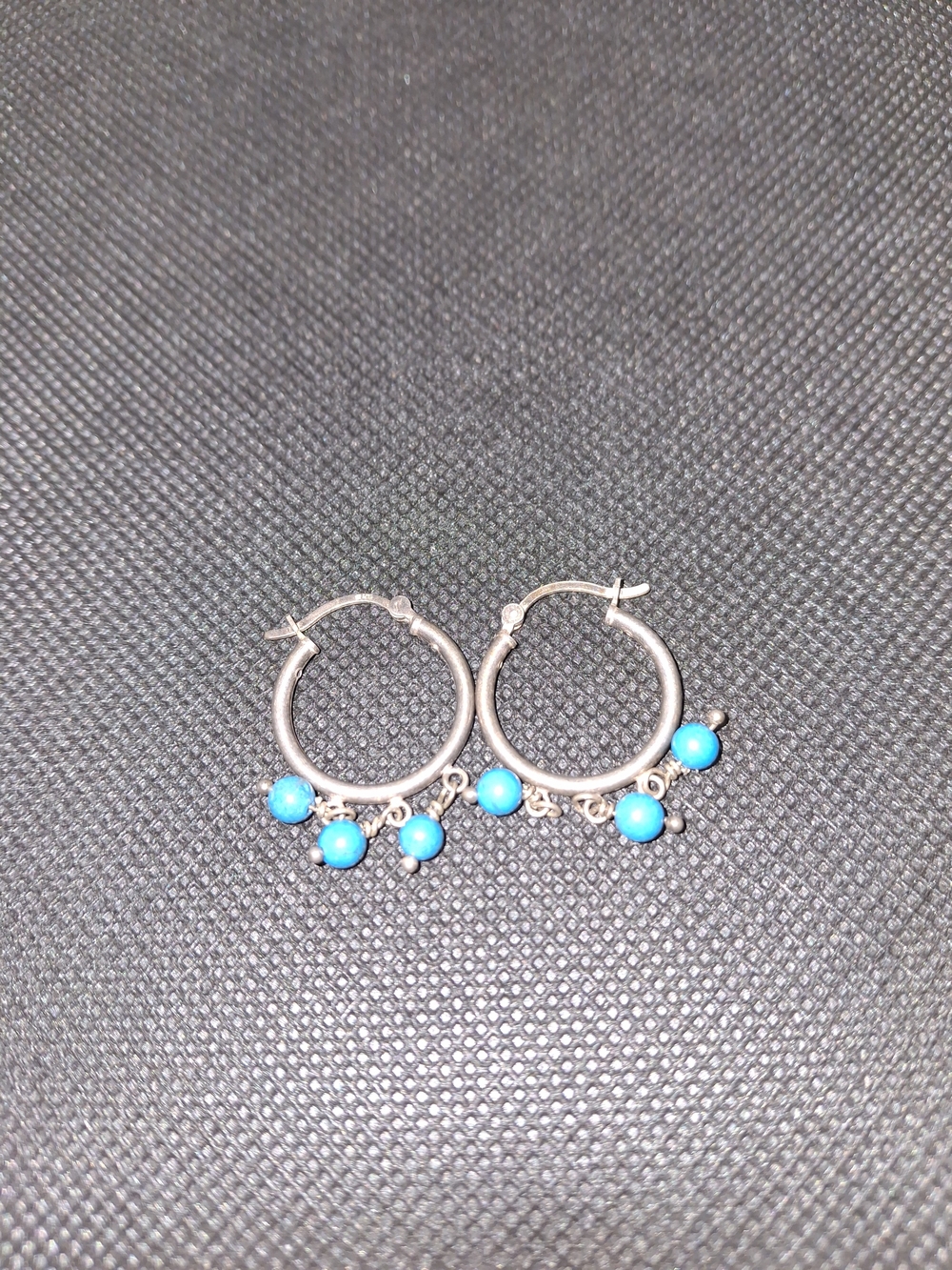 Silver Hoop Earrings with Turquoise Blue Beads